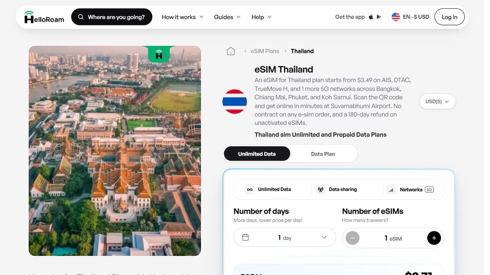 HelloRoam Thailand eSIM page, first screen