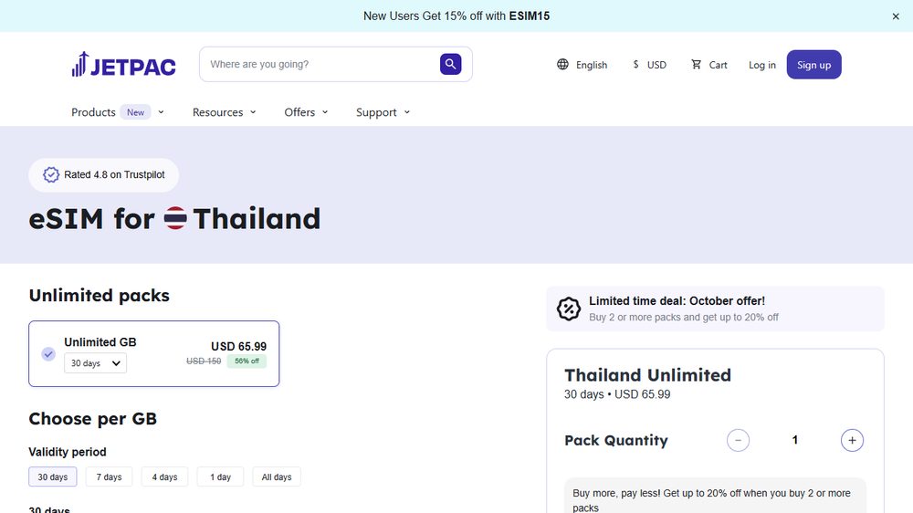 Jetpac Thailand eSIM page, first screen